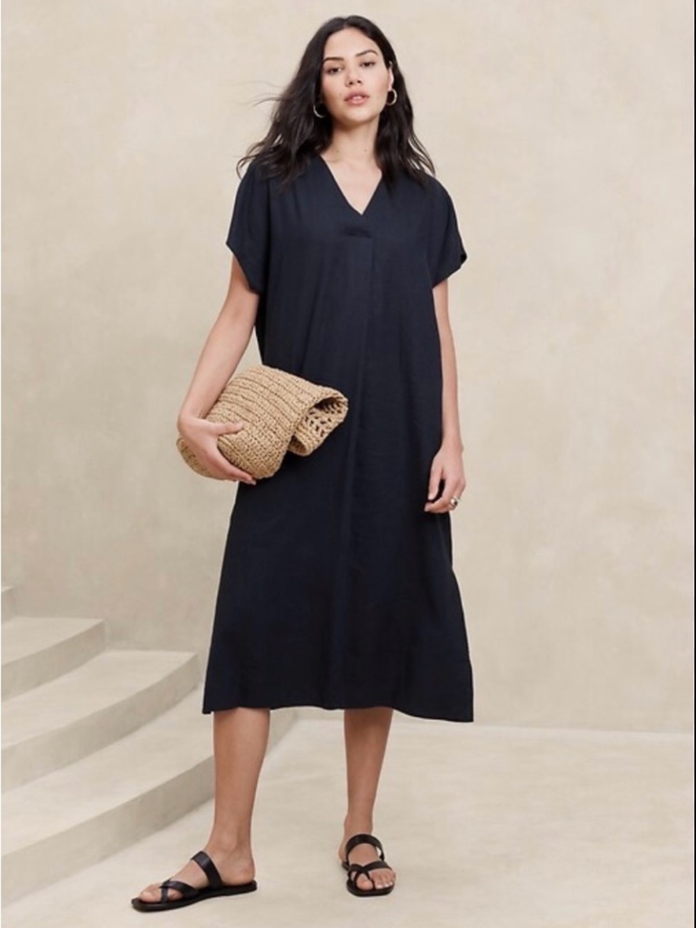 Banana Republic Factory Linen Blend Blue Cream Kaftan Midi Dress Size Medium